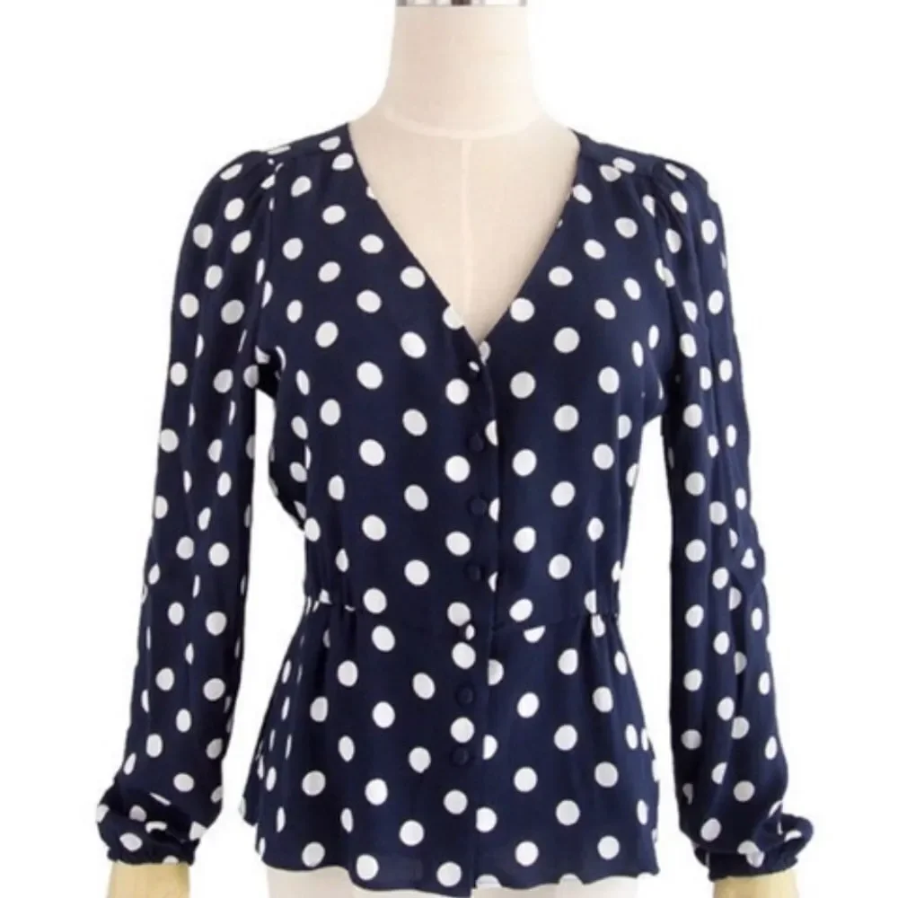 J. Crew Navy Blue White Polka Dot Crepe V Neck Button Front Peplum Blouse